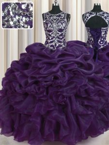 Fancy Pick Ups Ball Gowns Quinceanera Dress Dark Purple Scoop Organza Sleeveless Floor Length Lace Up