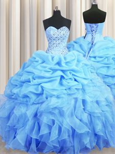 Elegant Baby Blue Ball Gowns Organza Sweetheart Sleeveless Beading and Ruffles and Pick Ups Floor Length Backless Sweet 16 Dresses