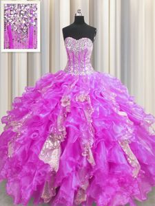 Superior Rose Pink Ball Gowns Sweetheart Sleeveless Organza Floor Length Lace Up Beading and Ruffles Quince Ball Gowns