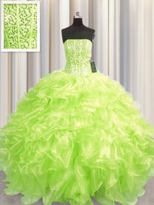 On Sale Visible Boning Strapless Sleeveless Organza Quinceanera Gowns Beading and Ruffles Lace Up