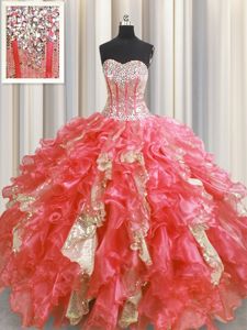 Superior Visible Boning Watermelon Red Sleeveless Floor Length Beading and Ruffles and Sequins Lace Up Quinceanera Dress