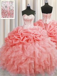 Edgy Visible Boning Watermelon Red Sleeveless Ruffles and Pick Ups Floor Length Quinceanera Dresses