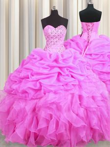 Captivating Rose Pink Organza Lace Up Sweetheart Sleeveless Floor Length 15th Birthday Dress Beading and Ruffles and Pick Ups