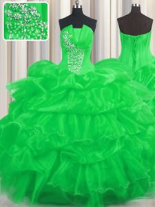 New Arrival Green Ball Gowns Strapless Sleeveless Organza Floor Length Lace Up Beading and Ruffled Layers and Pick Ups Court Dresses for Sweet 16