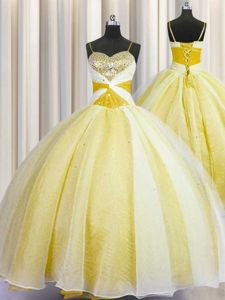 Flirting Spaghetti Straps Yellow Ball Gowns Beading and Ruching Sweet 16 Dresses Lace Up Organza Sleeveless Floor Length