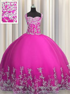 Luxurious Sleeveless Floor Length Beading and Appliques Lace Up Quince Ball Gowns with Fuchsia