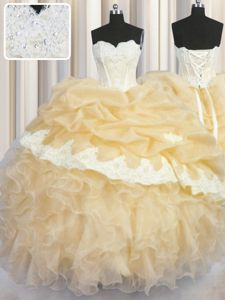 Sumptuous Pick Ups Ball Gowns Sweet 16 Dresses Gold Sweetheart Organza Sleeveless Floor Length Lace Up