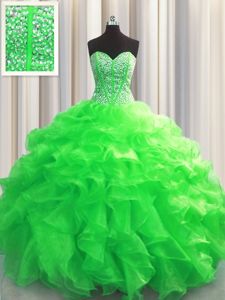 Visible Boning Sweetheart Sleeveless Lace Up Vestidos de Quinceanera Green Organza