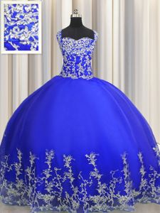 Halter Top Royal Blue Organza Lace Up Quinceanera Gown Sleeveless Floor Length Beading and Appliques