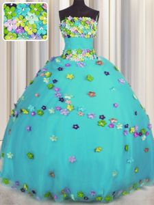 Lovely Strapless Sleeveless Vestidos de Damas Floor Length Hand Made Flower Aqua Blue Tulle