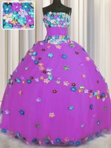 Sleeveless Tulle Floor Length Lace Up Sweet 16 Quinceanera Dress in Purple for with Hand Made Flower