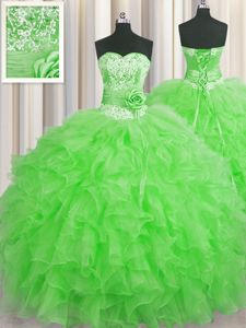 Handcrafted Flower Green Organza Lace Up Quinceanera Court of Honor Dress Sleeveless Floor Length Beading and Ruffles and Hand Made Flower