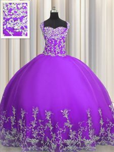 Floor Length Lace Up Sweet 16 Dresses Eggplant Purple and In for Military Ball and Sweet 16 and Quinceanera with Beading and Appliques