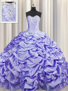 Brush Train Sweetheart Sleeveless Sweet 16 Dresses Sweep Train Beading and Pick Ups Lavender Taffeta