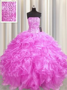 Most Popular Visible Boning Rose Pink Organza Lace Up Strapless Sleeveless Floor Length Quince Ball Gowns Beading and Ruffles