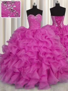 Nice Sleeveless Organza Floor Length Lace Up Vestidos de Damas in Fuchsia for with Beading and Ruffles