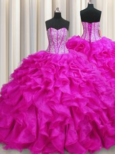 Visible Boning Fuchsia Sleeveless Brush Train Beading and Ruffles Ball Gown Prom Dress