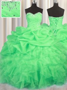 Charming Sleeveless Floor Length Beading and Ruffles and Ruching and Pick Ups Lace Up Ball Gown Prom Dress with Green