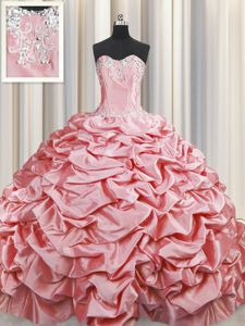 Rose Pink Ball Gowns Beading and Appliques and Ruffles and Pick Ups 15th Birthday Dress Lace Up Organza Sleeveless Floor Length