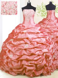 Suitable Strapless Sleeveless Taffeta Sweet 16 Quinceanera Dress Beading and Pick Ups Sweep Train Lace Up