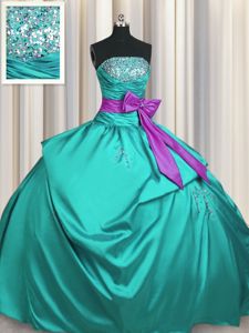 Turquoise Ball Gowns Beading and Ruching and Bowknot Vestidos de Quinceanera Lace Up Taffeta Sleeveless Floor Length