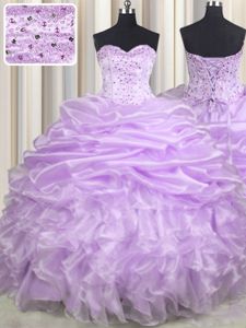 Stunning Organza Sweetheart Sleeveless Brush Train Lace Up Beading and Ruffles and Pick Ups Quinceanera Dress in Lavender