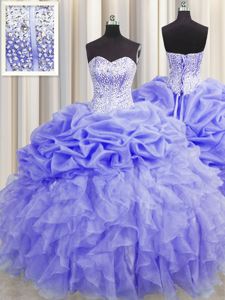 Best Visible Boning Lavender Lace Up Sweet 16 Dress Beading and Ruffles and Pick Ups Sleeveless Floor Length