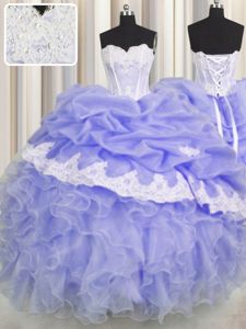 High End Floor Length Lace Up Quinceanera Gown Lavender and In for Military Ball and Sweet 16 and Quinceanera with Beading and Appliques and Ruffles and Pick Ups