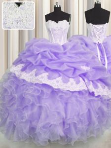 Floor Length Lavender Vestidos de Quinceanera Organza Sleeveless Beading and Appliques and Ruffles and Pick Ups