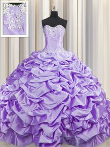 Designer Brush Train With Train Lavender Quinceanera Gown Taffeta Sweep Train Sleeveless Beading and Pick Ups