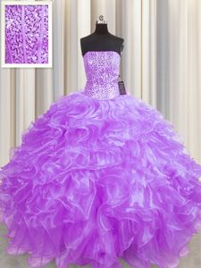 Sophisticated Visible Boning Lilac Organza Lace Up Strapless Sleeveless Floor Length Quinceanera Dresses Beading and Ruffles