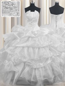 Pick Ups Ruffled Floor Length Ball Gowns Sleeveless White Quinceanera Dresses Lace Up