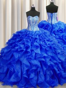 Custom Made Visible Boning Royal Blue Vestidos de Quinceanera Military Ball and Sweet 16 and Quinceanera and For with Beading and Ruffles Sweetheart Sleeveless Brush Train Lace Up