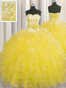 Handcrafted Flower Gold Sleeveless Organza Lace Up Ball Gown Prom Dress for Military Ball and Sweet 16 and Quinceanera