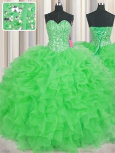 Free and Easy Visible Boning Sleeveless Organza Floor Length Lace Up 15th Birthday Dress in Green for with Beading and Ruffles