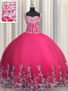 Hot Pink Sleeveless Floor Length Beading and Appliques Lace Up Quince Ball Gowns