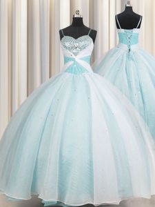 Best Aqua Blue Lace Up Spaghetti Straps Beading and Ruching 15th Birthday Dress Organza Sleeveless