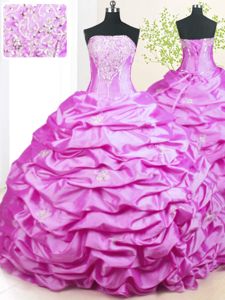 Luxury Lilac Lace Up Strapless Beading and Pick Ups Sweet 16 Dresses Taffeta Sleeveless Sweep Train