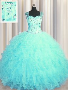 Comfortable Strapless Sleeveless Vestidos de Quinceanera Floor Length Beading and Ruffled Layers and Pick Ups Hot Pink and Fuchsia Organza