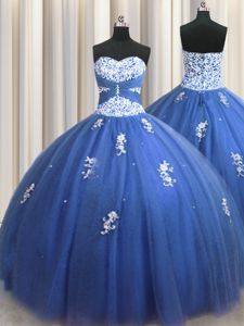 Extravagant Royal Blue Ball Gowns Sweetheart Sleeveless Tulle Floor Length Lace Up Beading and Appliques Vestidos de Quinceanera