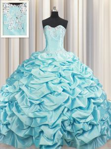 Gorgeous Brush Train Aqua Blue Taffeta Lace Up Sweet 16 Dresses Sleeveless Sweep Train Beading and Pick Ups