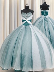 Sexy Spaghetti Straps Half Sleeves Lace Up Quinceanera Dress Teal Organza