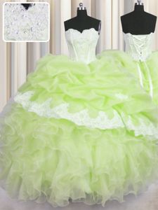 Graceful Floor Length Lace Up 15 Quinceanera Dress Yellow Green and In for Military Ball and Sweet 16 and Quinceanera with Beading and Appliques and Ruffles and Pick Ups