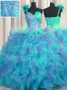 Fantastic Handcrafted Flower Tulle One Shoulder Sleeveless Lace Up Beading and Ruffles and Hand Made Flower Sweet 16 Quinceanera Dress in Multi-color