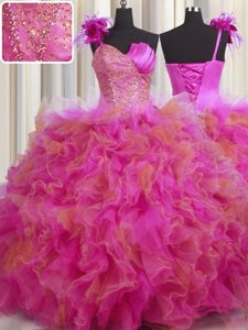 One Shoulder Handcrafted Flower Beading and Ruffles and Hand Made Flower Quinceanera Gown Multi-color Lace Up Sleeveless Floor Length