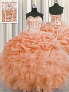 Glittering Visible Boning Sleeveless Floor Length Beading and Ruffles and Pick Ups Lace Up Quinceanera Dresses with Orange