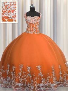 Orange Red Sleeveless Floor Length Beading and Appliques Lace Up 15th Birthday Dress