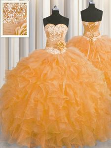 Flare Handcrafted Flower Orange Organza Lace Up Sweetheart Sleeveless Floor Length Quinceanera Gown Beading and Ruffles and Hand Made Flower