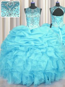 Scoop See Through Floor Length Lace Up Sweet 16 Dresses Aqua Blue and In for Military Ball and Sweet 16 and Quinceanera with Beading and Ruffles and Pick Ups