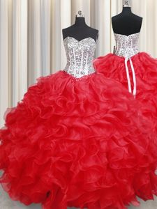 Sleeveless Sweep Train Lace Up Beading and Ruffles Quinceanera Gowns